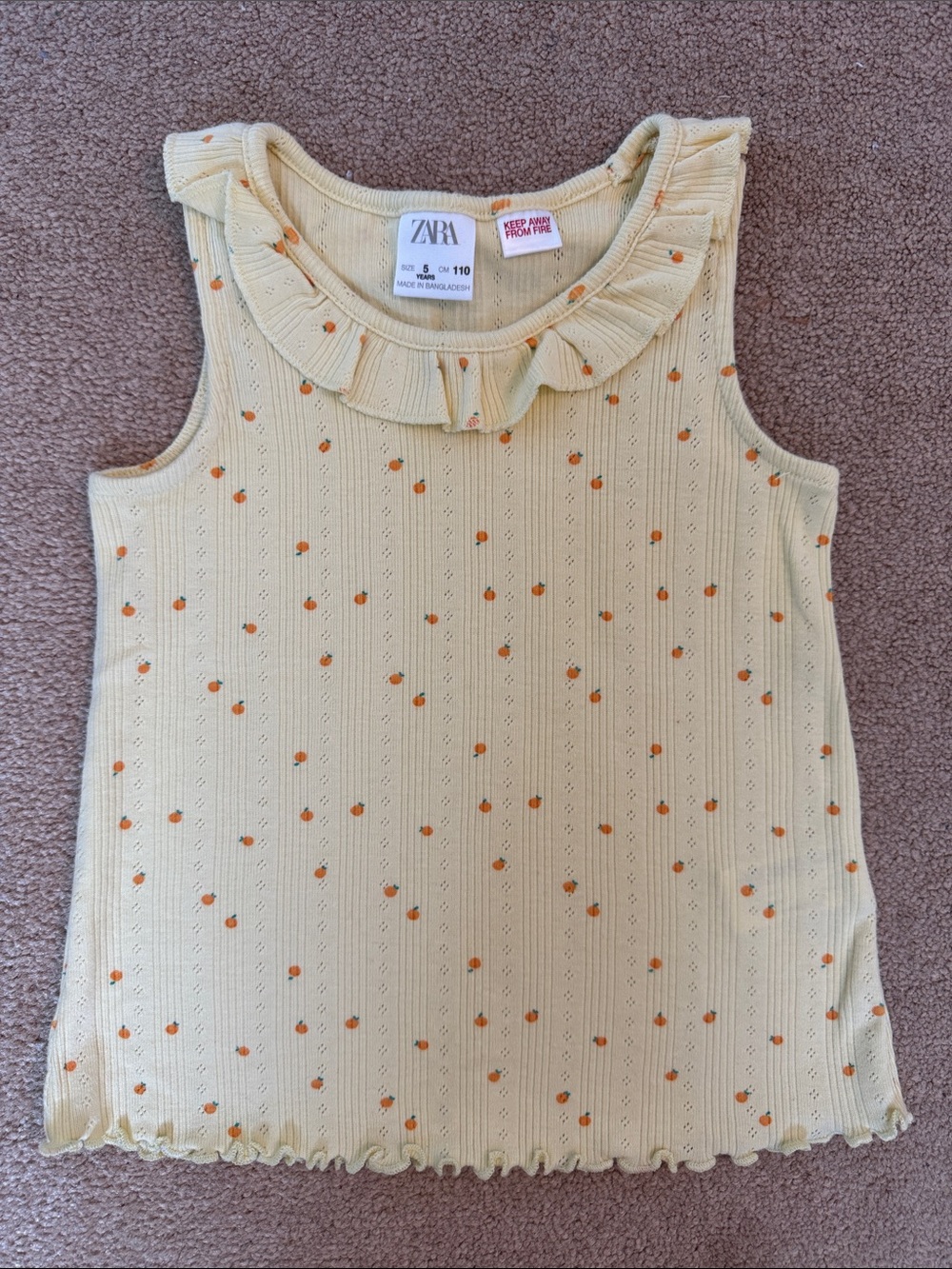 Zara Girls Pale Yellow Ruffled Collar Tank with Orange Dot Print